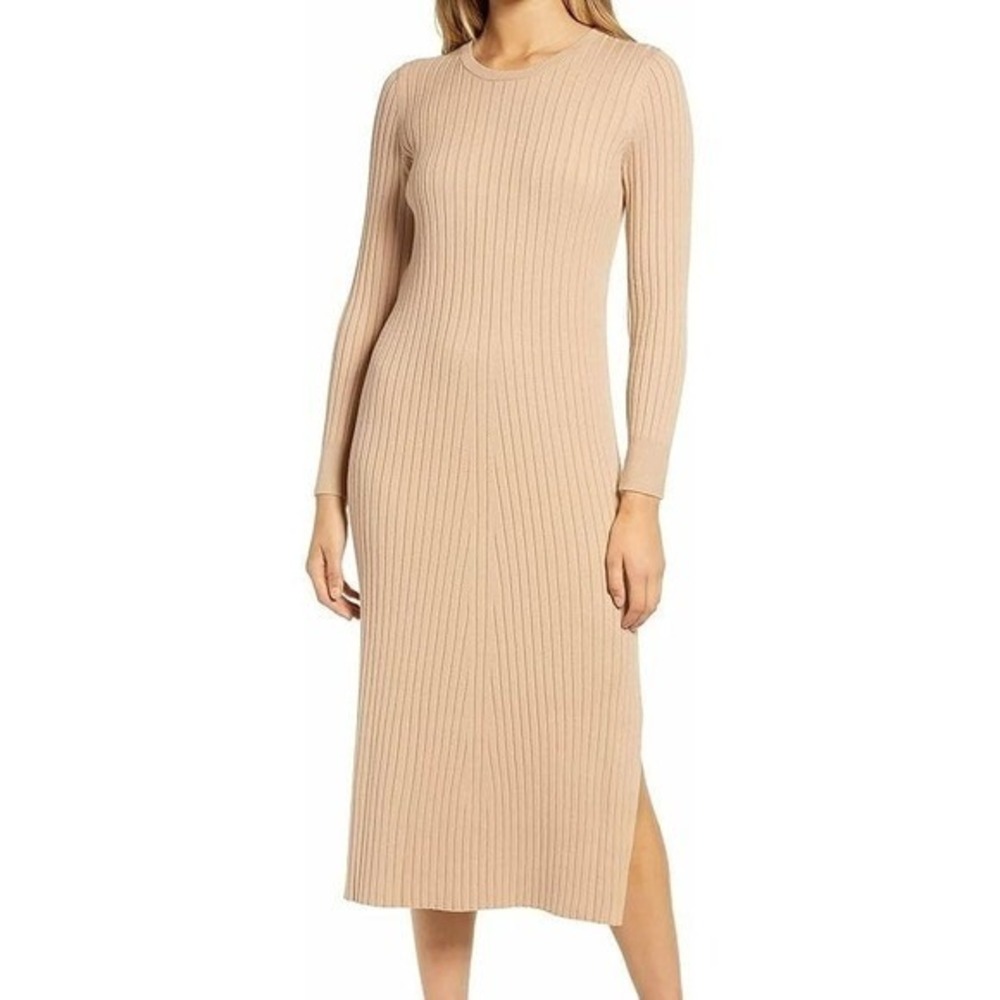 WAYF Ribbed Knit Midi Dress Long‎ Sleeve Tie Back Tan Size XL